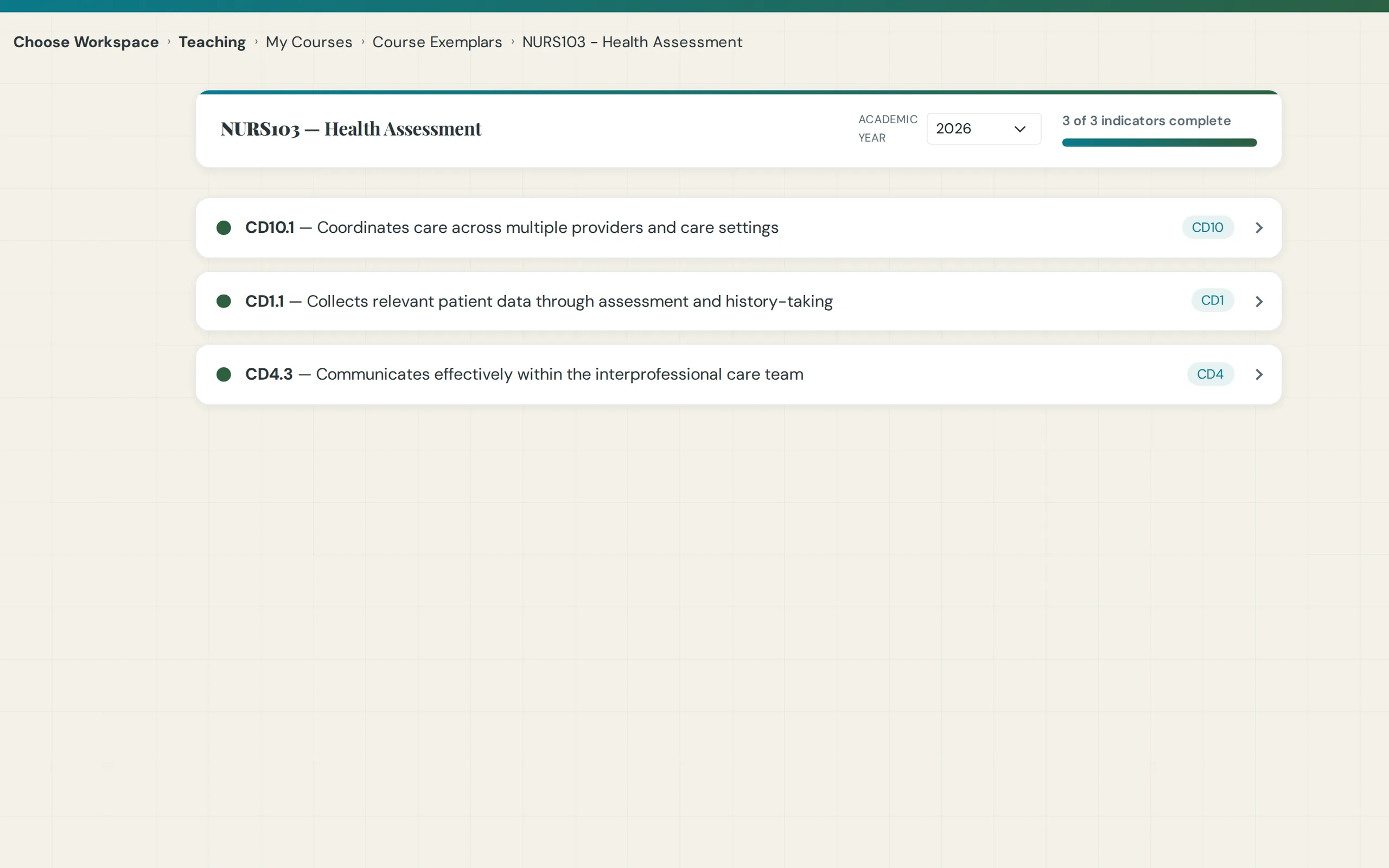 Course exemplar checklist showing which learning outcomes are complete