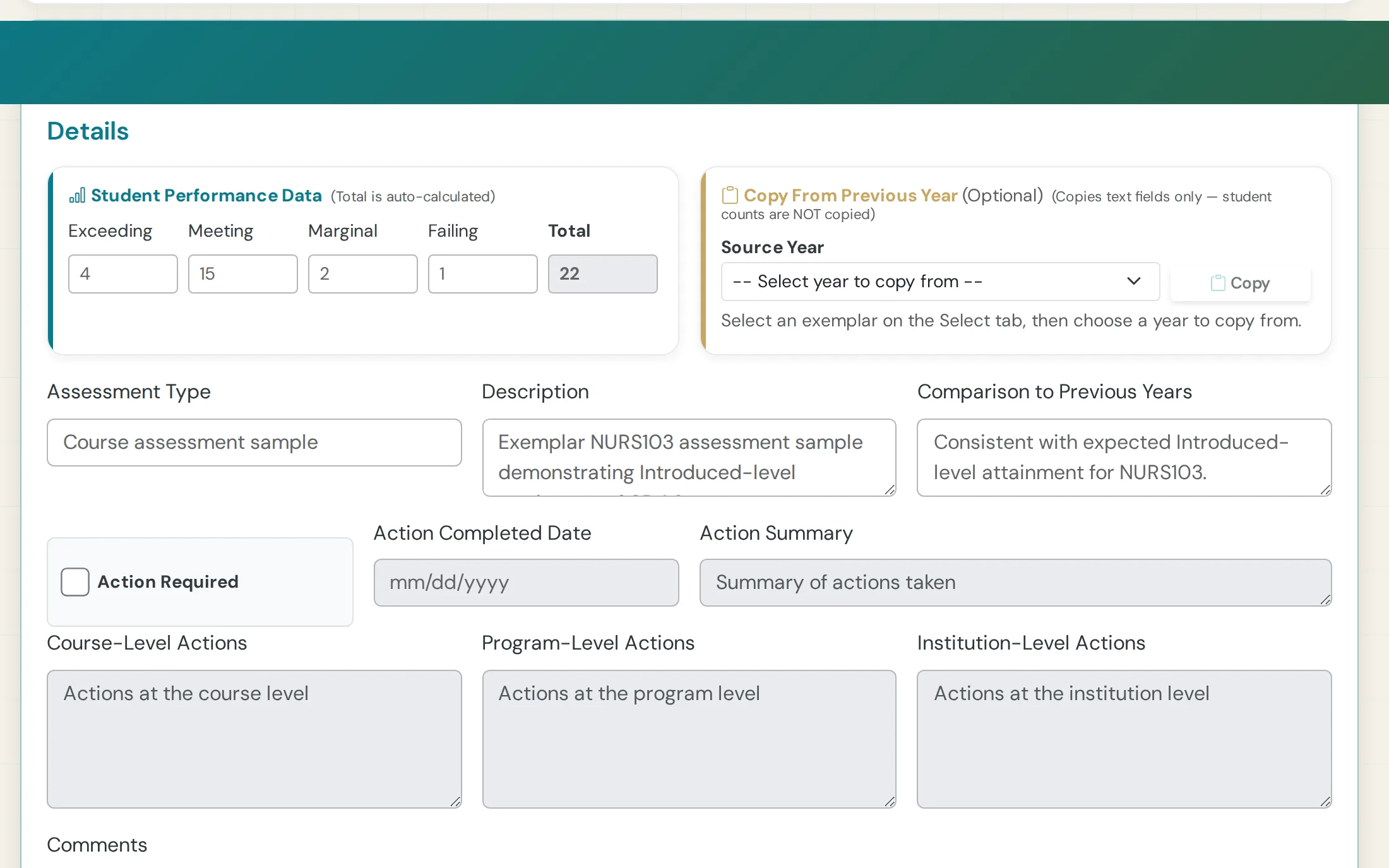 Exemplar details with performance data for one course learning outcome