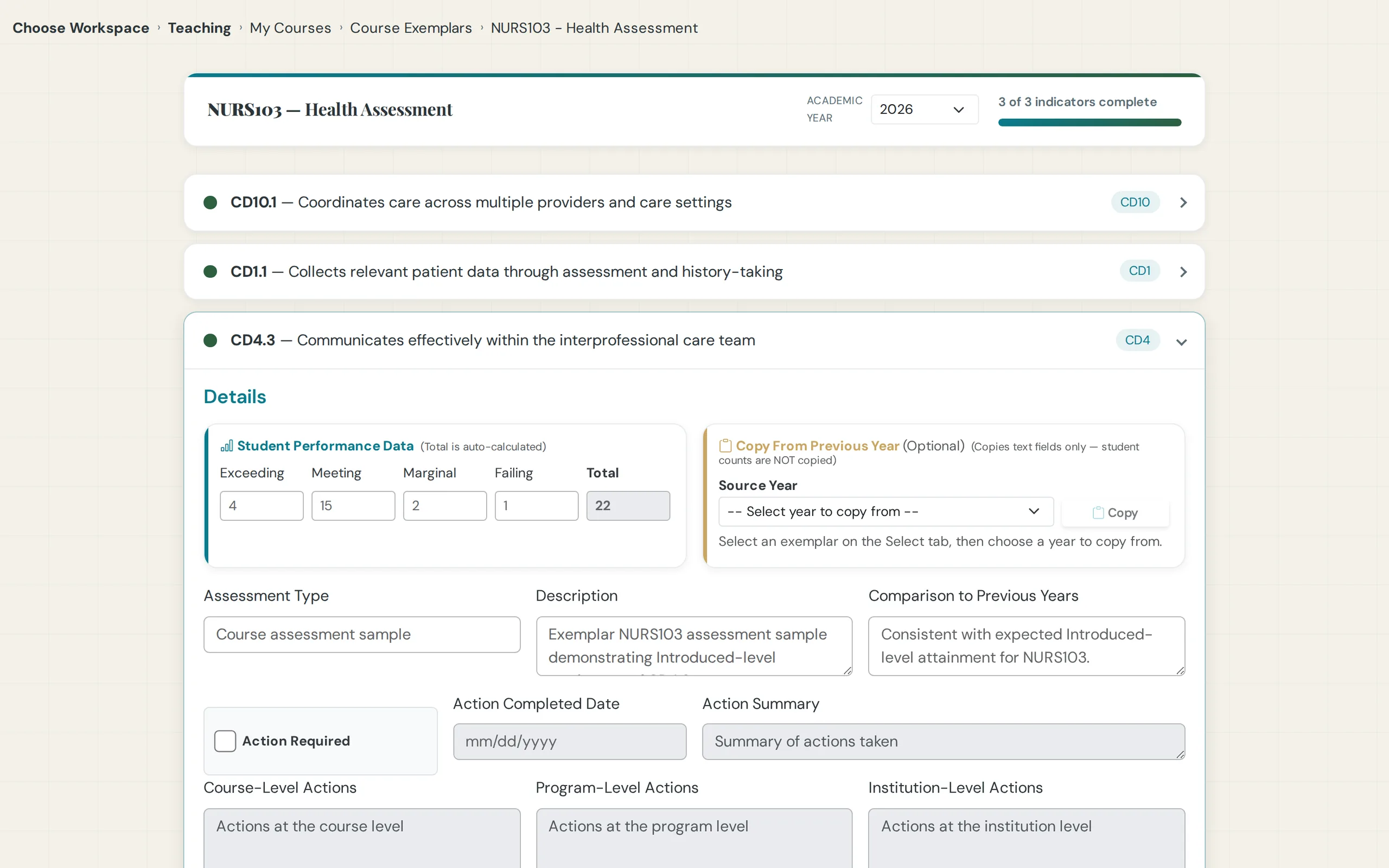 Course exemplar opened with its evidence filed against the course-learning outcome pairing