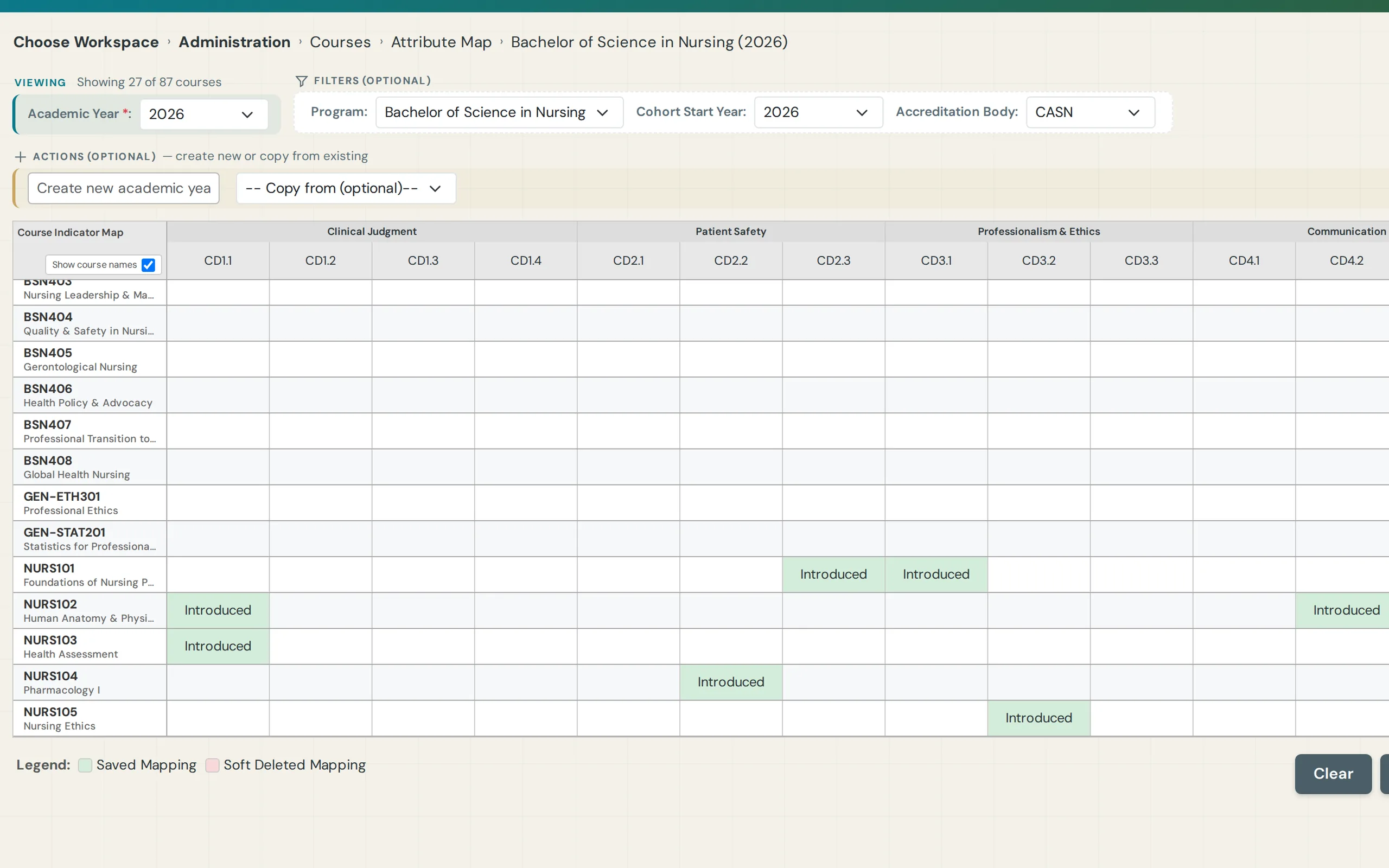 Competency Domain map showing where each competency domain is introduced across the program