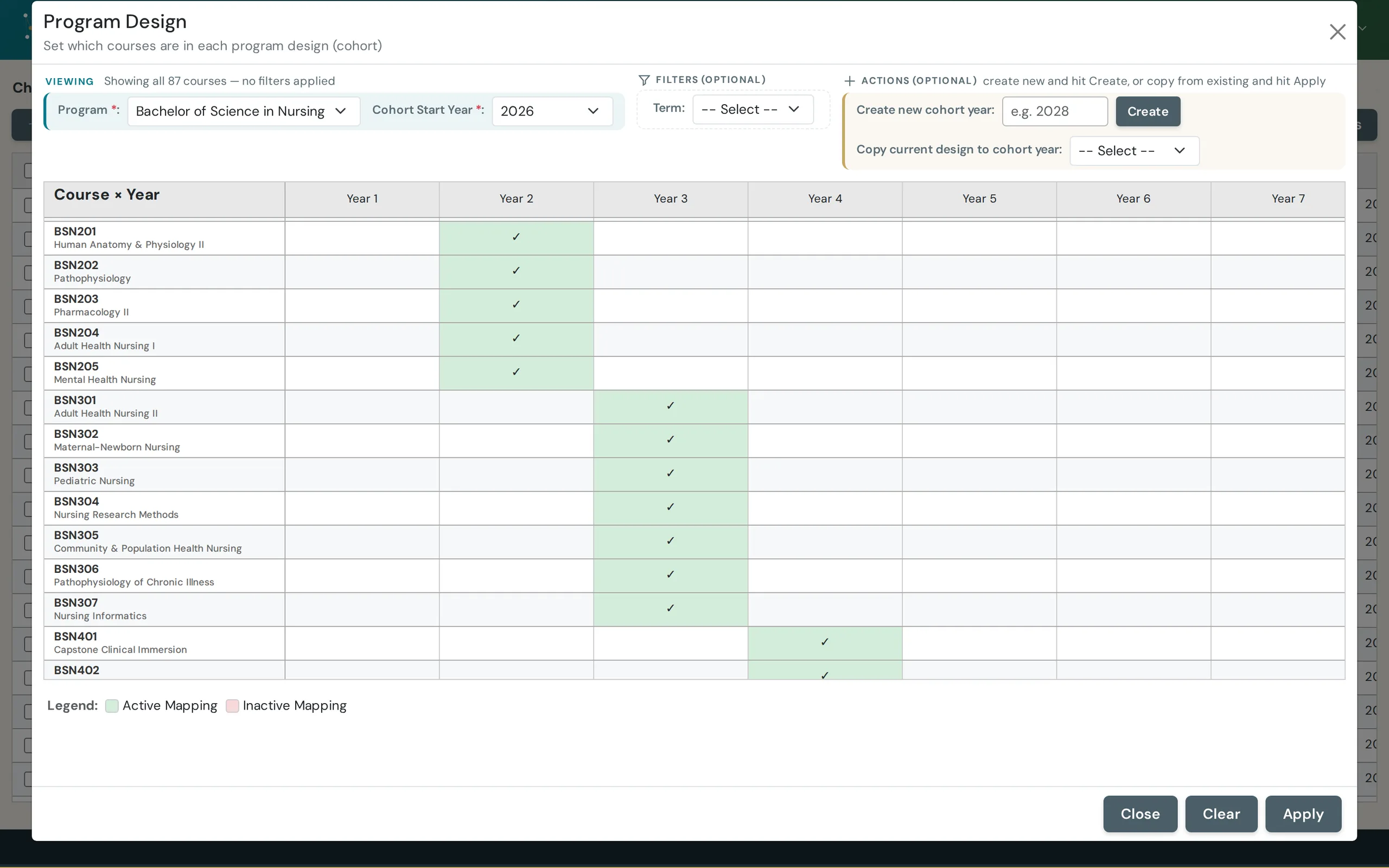 Junction editor mapping program courses to learning outcomes by cohort