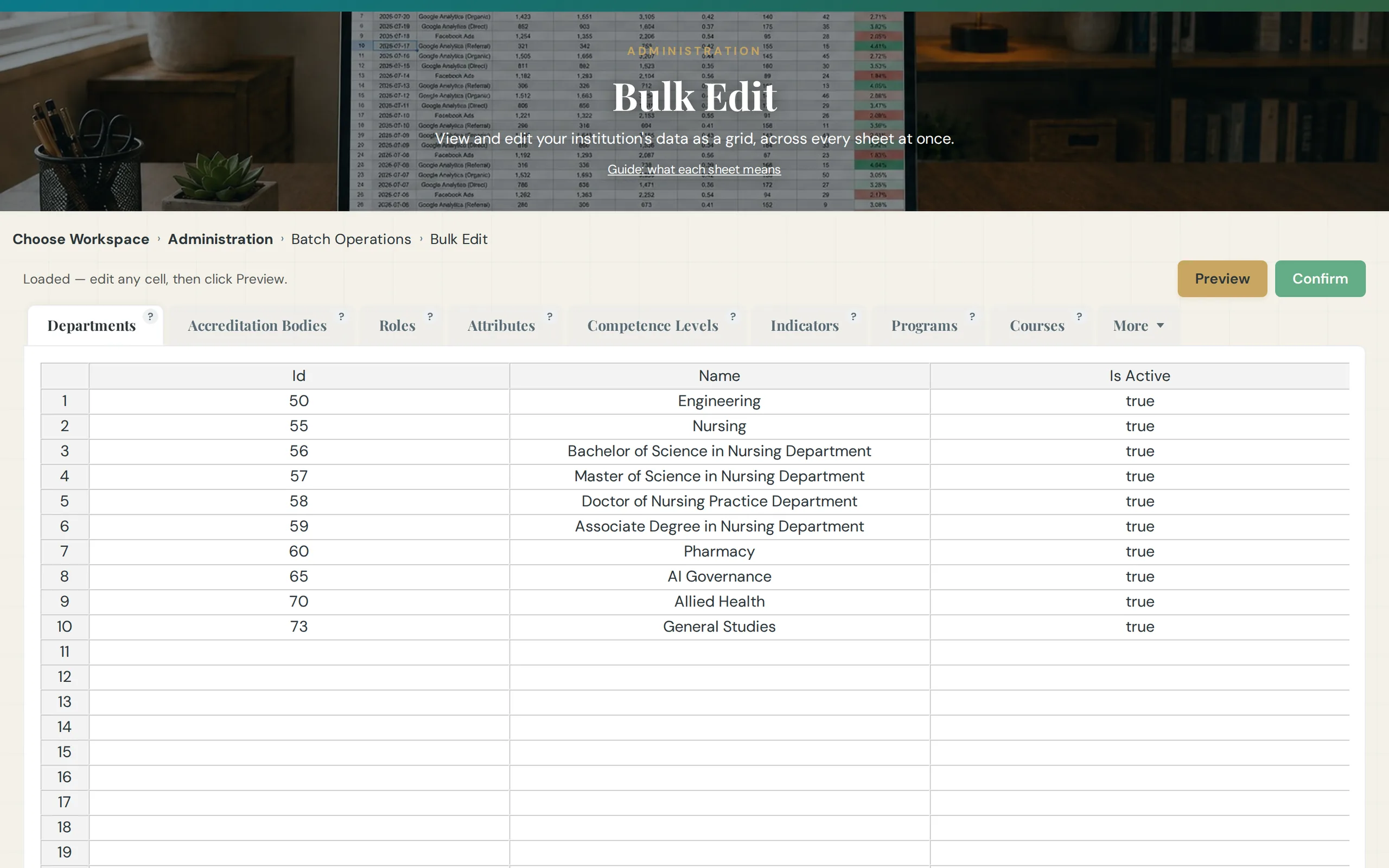 Bulk edit grid for editing institution data across every sheet at once