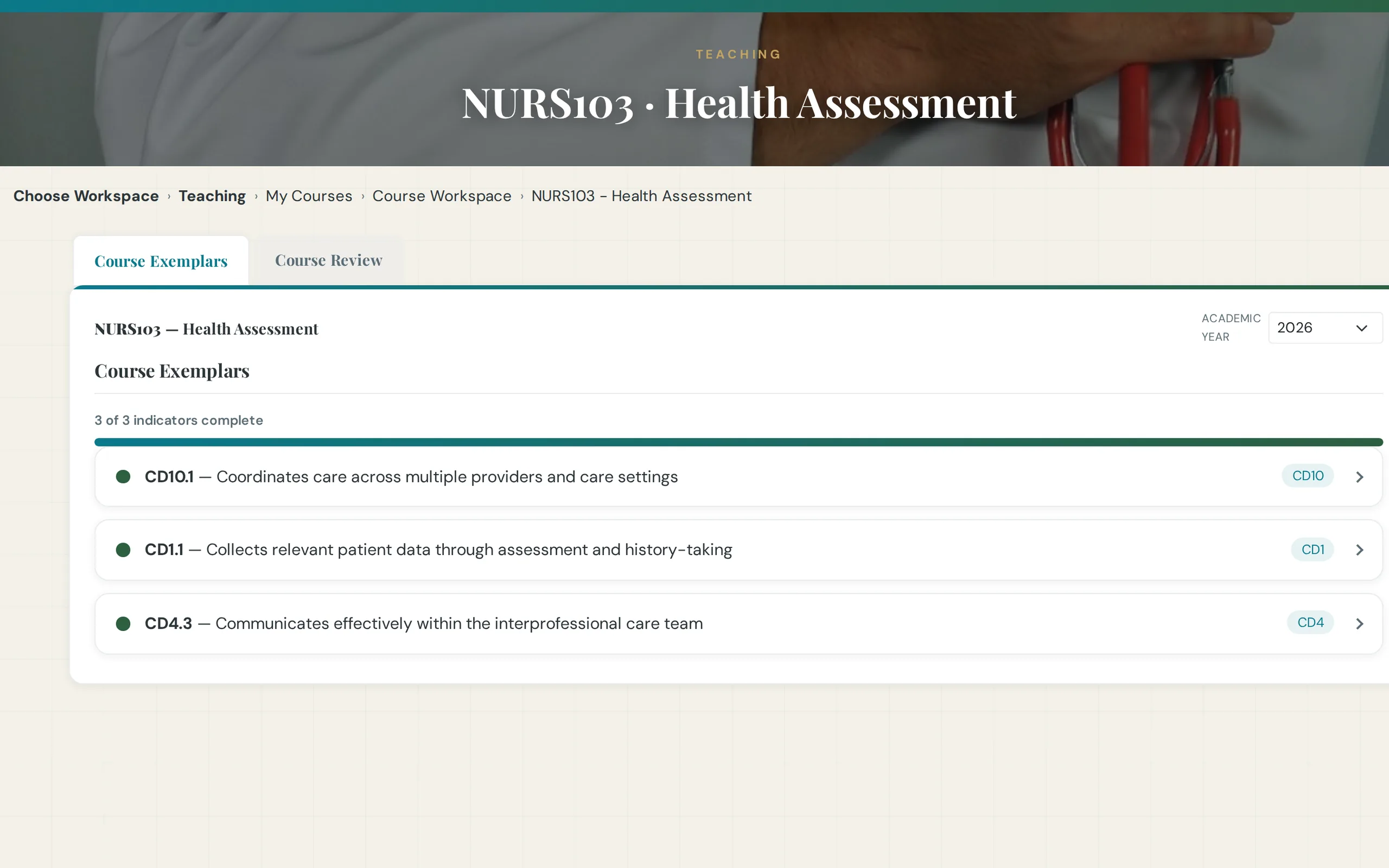 Instructor course workspace showing only their course and its learning outcomes